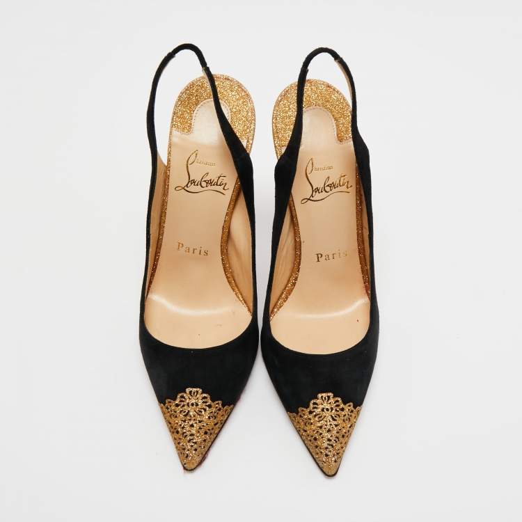 Pre Owned Christian Louboutin Black Suede And Metallic Gold Glitter Almine Pointed Toe Slingback Sandals Size 37