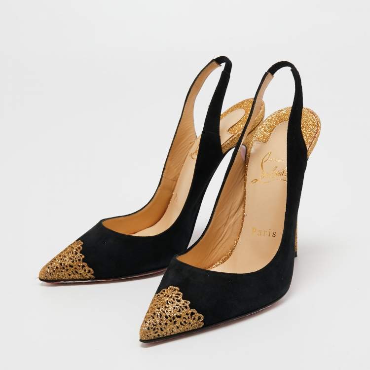 Pre Owned Christian Louboutin Black Suede And Metallic Gold Glitter Almine Pointed Toe Slingback Sandals Size 37