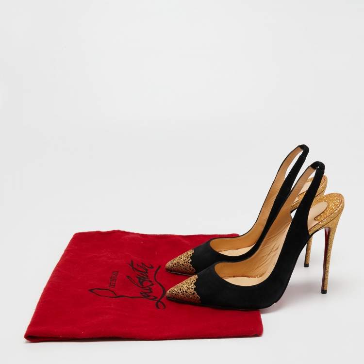 Pre Owned Christian Louboutin Black Suede And Metallic Gold Glitter Almine Pointed Toe Slingback Sandals Size 37