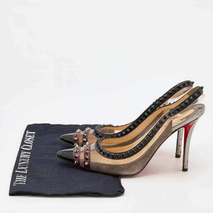 Pre Owned Christian Louboutin Tricolor PVC and Leather Paulina Studded Slingback Pumps Size 38