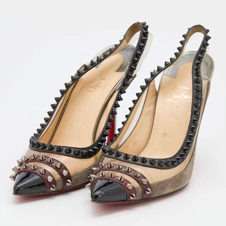 Pre Owned Christian Louboutin Tricolor PVC and Leather Paulina Studded Slingback Pumps Size 38
