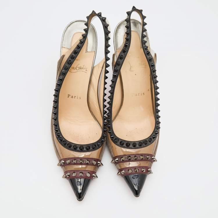 Pre Owned Christian Louboutin Tricolor PVC and Leather Paulina Studded Slingback Pumps Size 38