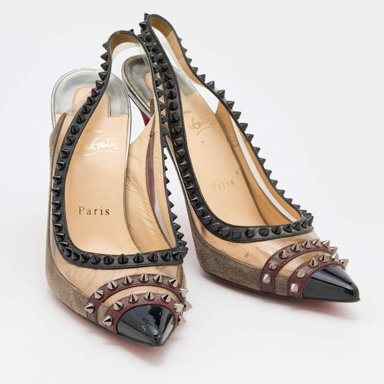 Pre Owned Christian Louboutin Tricolor PVC and Leather Paulina Studded Slingback Pumps Size 38