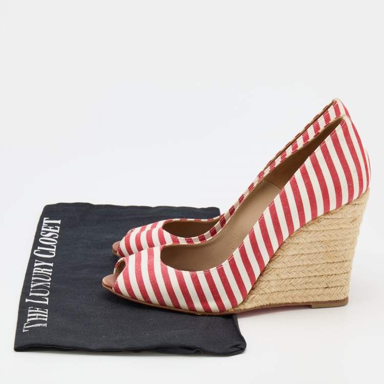 Pre Owned Christian Louboutin White/Red Stripe Fabric Pepi Espadrille Peep Toe Wedge Pumps Size 37