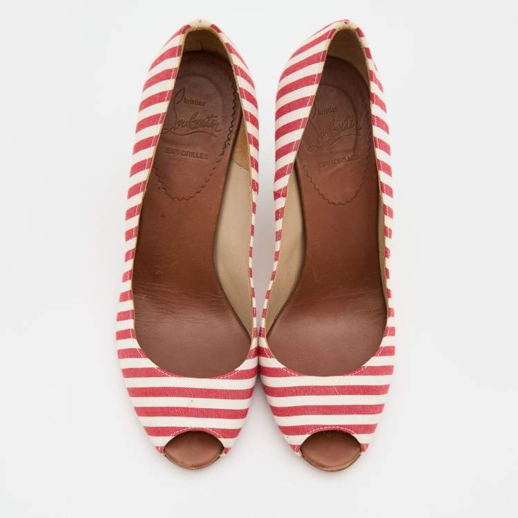 Pre Owned Christian Louboutin White/Red Stripe Fabric Pepi Espadrille Peep Toe Wedge Pumps Size 37