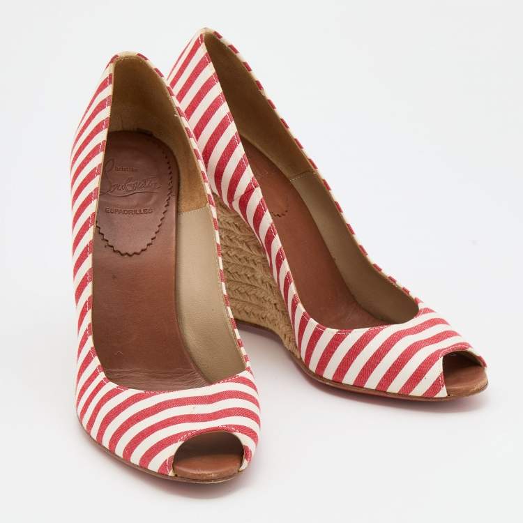 Pre Owned Christian Louboutin White/Red Stripe Fabric Pepi Espadrille Peep Toe Wedge Pumps Size 37