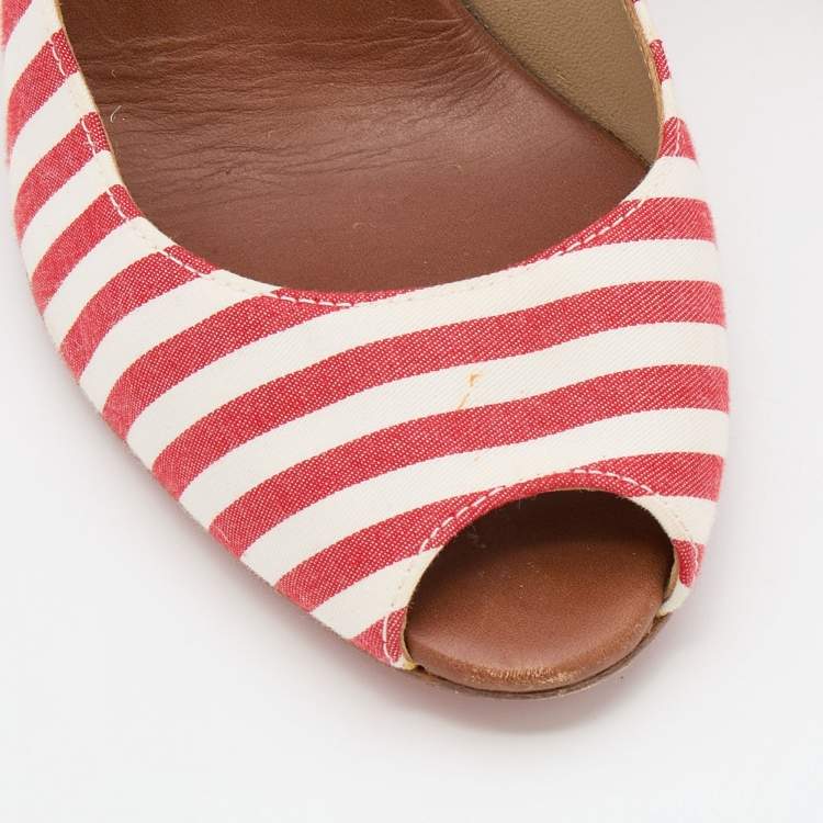 Pre Owned Christian Louboutin White/Red Stripe Fabric Pepi Espadrille Peep Toe Wedge Pumps Size 37