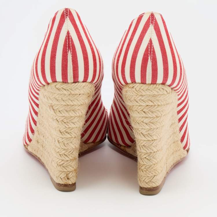 Pre Owned Christian Louboutin White/Red Stripe Fabric Pepi Espadrille Peep Toe Wedge Pumps Size 37
