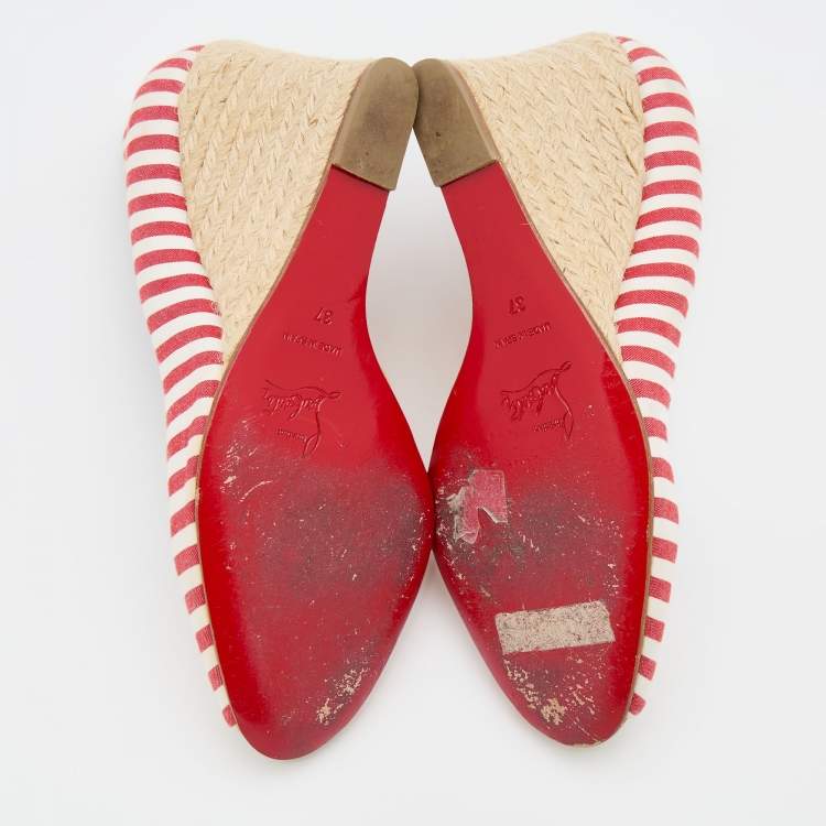 Pre Owned Christian Louboutin White/Red Stripe Fabric Pepi Espadrille Peep Toe Wedge Pumps Size 37