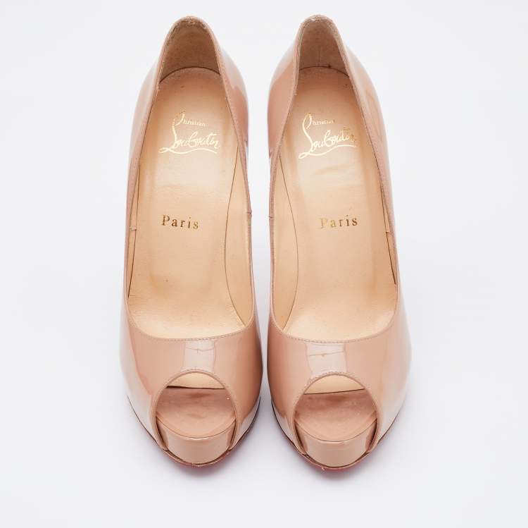 Pre Owned Christian Louboutin Beige Patent Leather New Prive Peep Toe Pumps Size 37