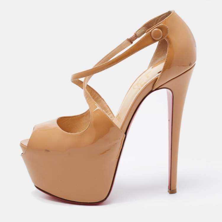 Pre Owned Christian Louboutin Beige Patent Leather Exagona Platform Sandals Size 38