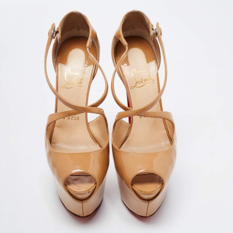 Pre Owned Christian Louboutin Beige Patent Leather Exagona Platform Sandals Size 38