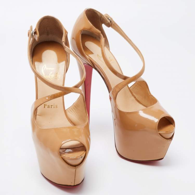 Pre Owned Christian Louboutin Beige Patent Leather Exagona Platform Sandals Size 38