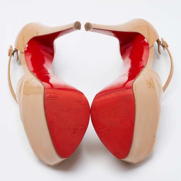 Pre Owned Christian Louboutin Beige Patent Leather Exagona Platform Sandals Size 38