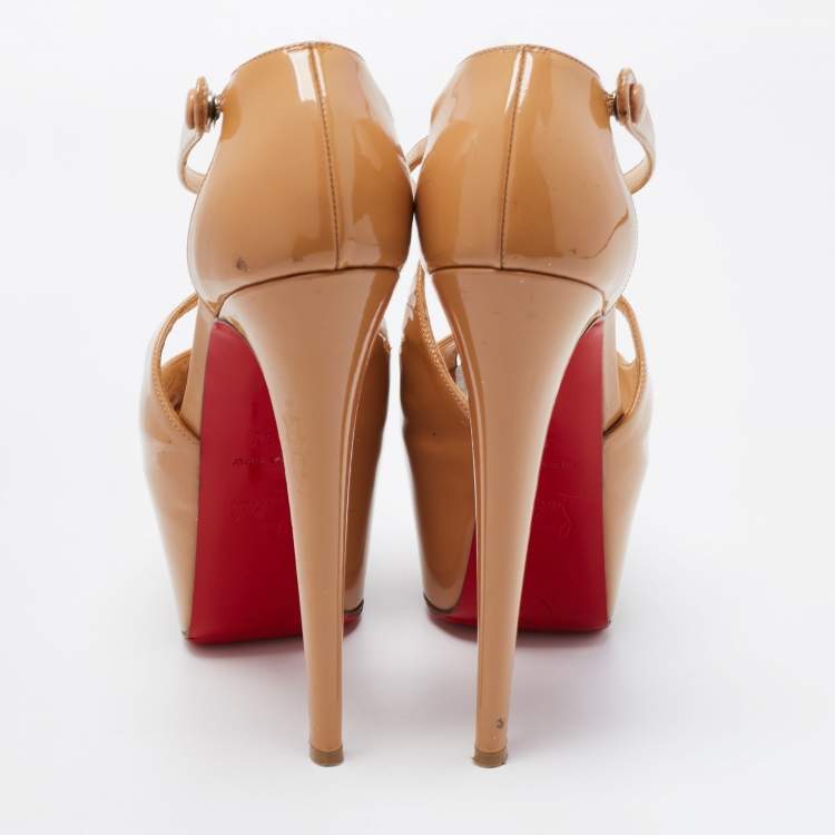 Pre Owned Christian Louboutin Beige Patent Leather Exagona Platform Sandals Size 38