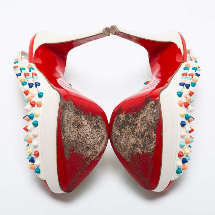 مملوكة مسبقًا Christian Louboutin Off-White Leather Lady Peep Toe Spikes Slingback Pumps Size 38