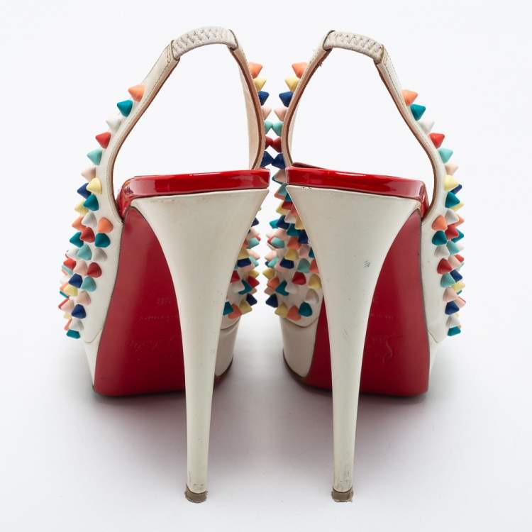 مملوكة مسبقًا Christian Louboutin Off-White Leather Lady Peep Toe Spikes Slingback Pumps Size 38