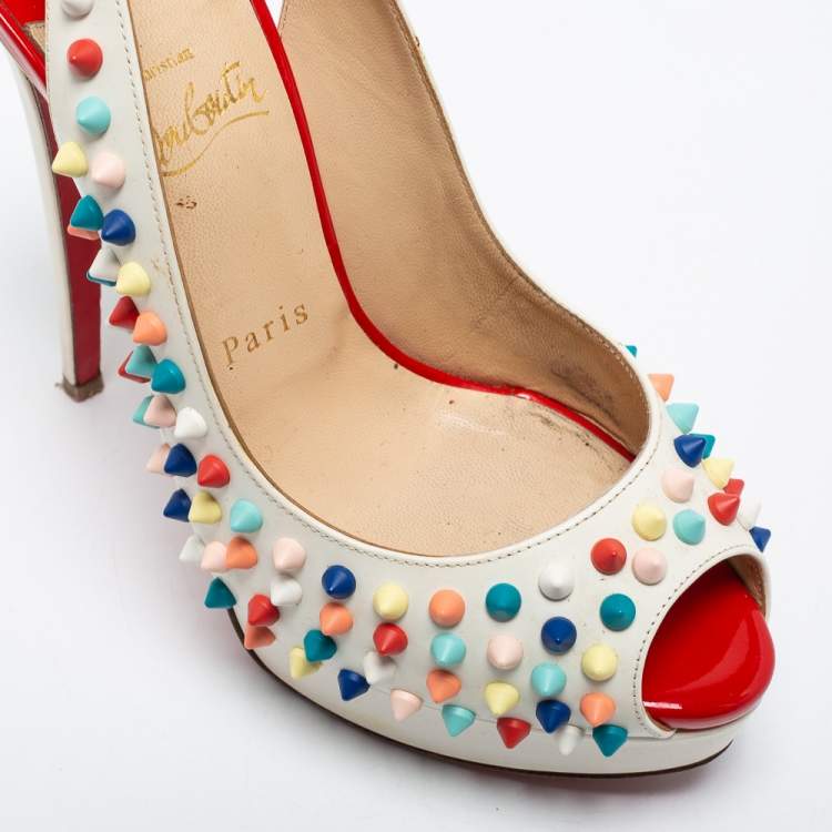 مملوكة مسبقًا Christian Louboutin Off-White Leather Lady Peep Toe Spikes Slingback Pumps Size 38