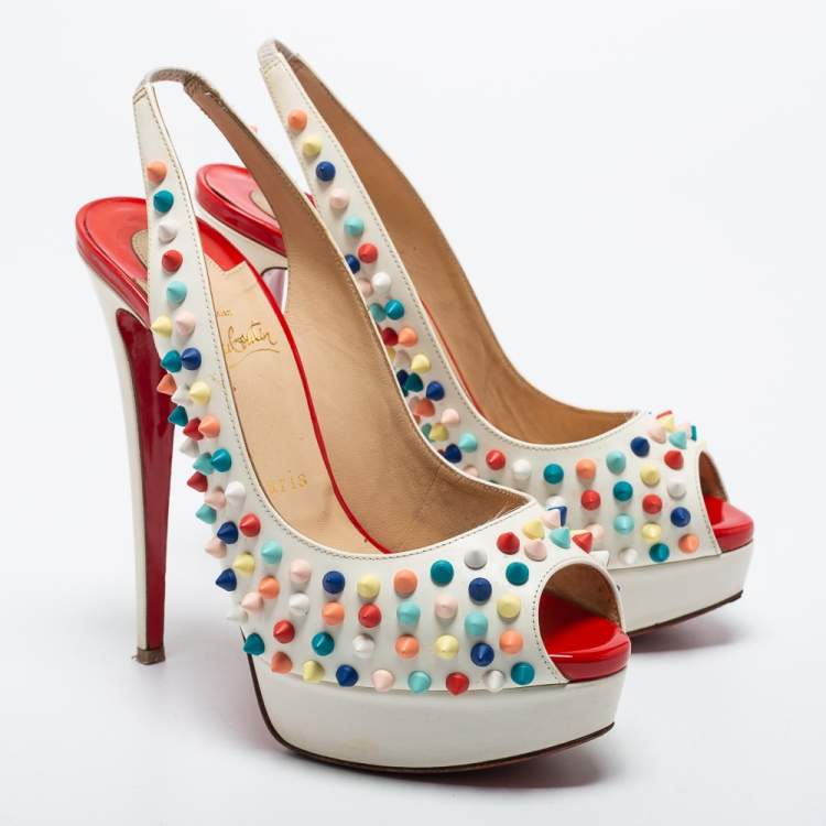 مملوكة مسبقًا Christian Louboutin Off-White Leather Lady Peep Toe Spikes Slingback Pumps Size 38