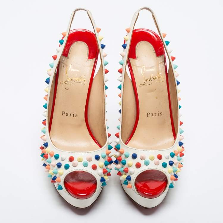 مملوكة مسبقًا Christian Louboutin Off-White Leather Lady Peep Toe Spikes Slingback Pumps Size 38