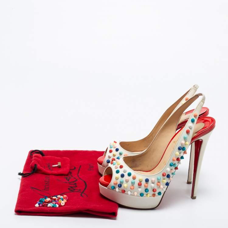 مملوكة مسبقًا Christian Louboutin Off-White Leather Lady Peep Toe Spikes Slingback Pumps Size 38