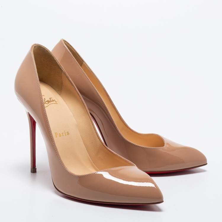 Pre Owned Christian Louboutin Beige Patent Leather Corneille Pointed-Toe Pumps Size 37