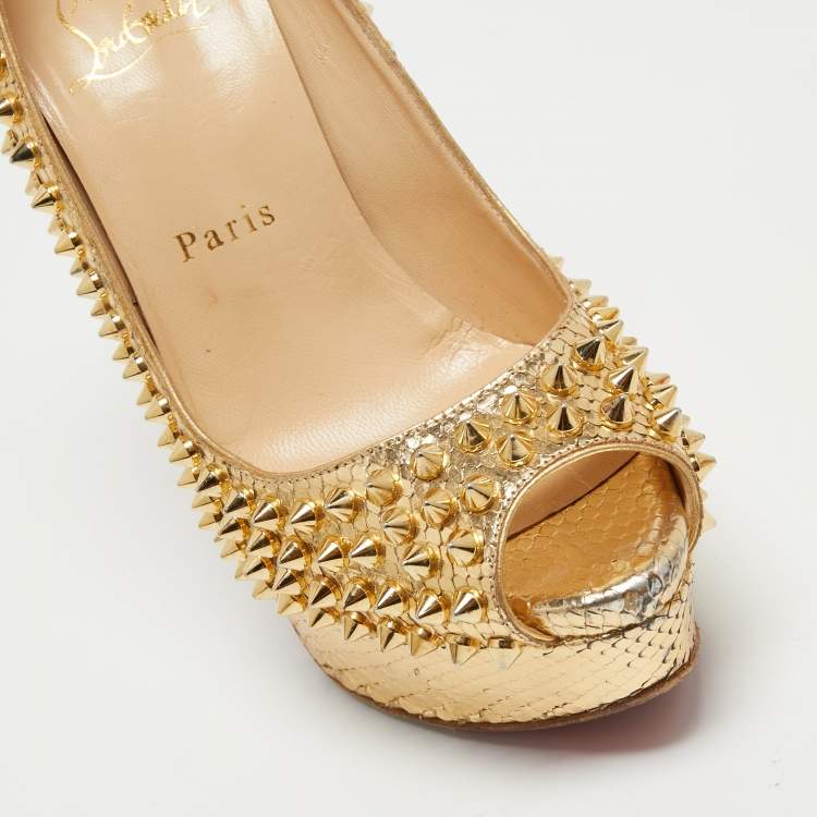 Pre Owned Christian Louboutin Gold Python Leather Lady Peep Toe Spikes Platform Pumps Size 36.5
