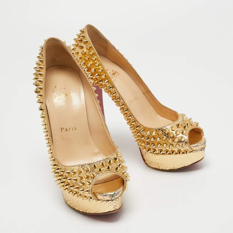 Pre Owned Christian Louboutin Gold Python Leather Lady Peep Toe Spikes Platform Pumps Size 36.5