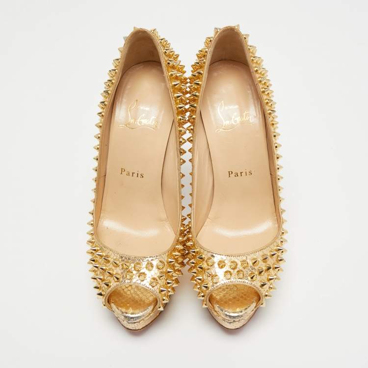Pre Owned Christian Louboutin Gold Python Leather Lady Peep Toe Spikes Platform Pumps Size 36.5