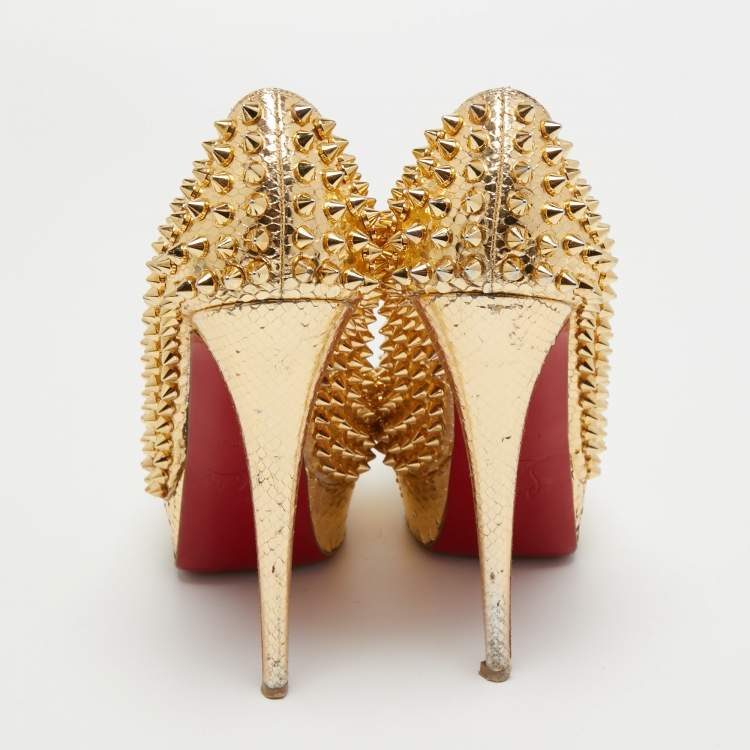 Pre Owned Christian Louboutin Gold Python Leather Lady Peep Toe Spikes Platform Pumps Size 36.5