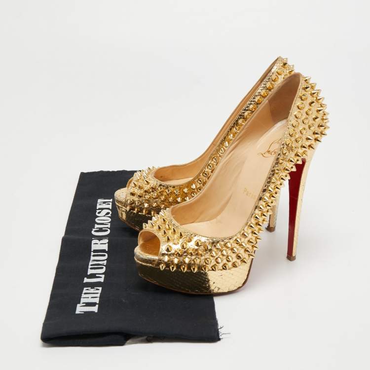 Pre Owned Christian Louboutin Gold Python Leather Lady Peep Toe Spikes Platform Pumps Size 36.5