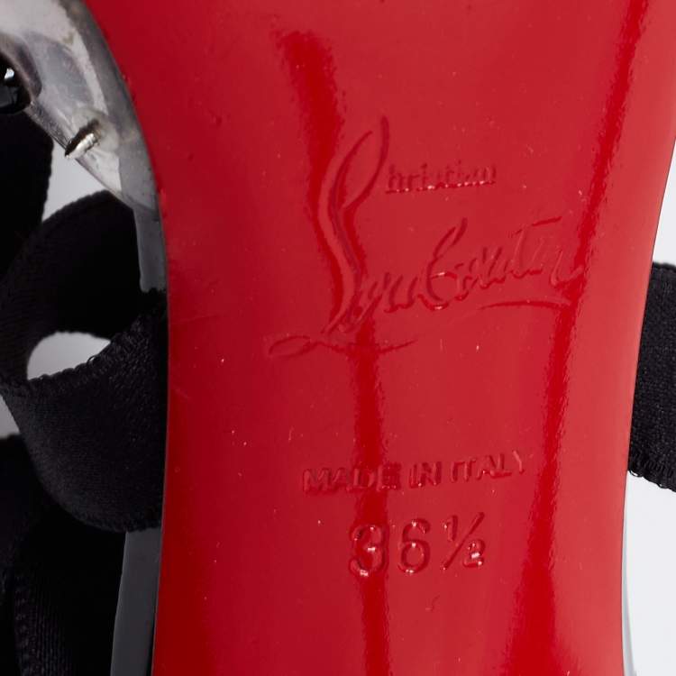 Pre Owned Christian Louboutin Black Glitter Suede and PVC Spike Accent Ankle Wrap Pumps Size 36.5