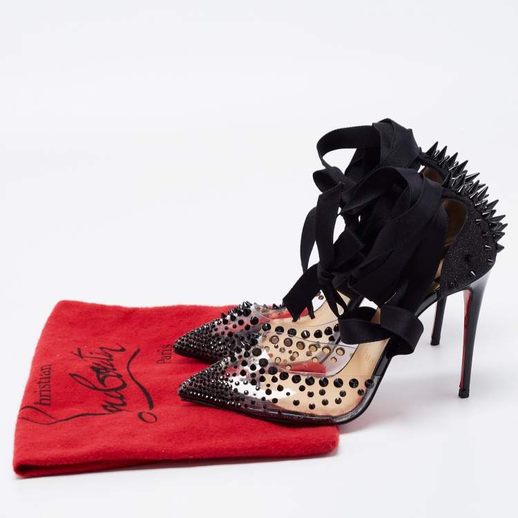 Pre Owned Christian Louboutin Black Glitter Suede and PVC Spike Accent Ankle Wrap Pumps Size 36.5