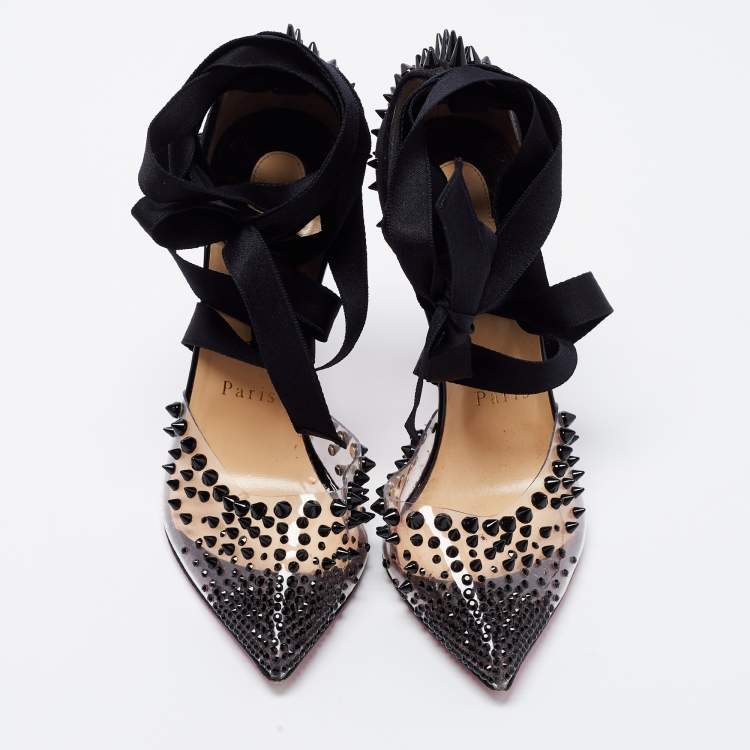 Pre Owned Christian Louboutin Black Glitter Suede and PVC Spike Accent Ankle Wrap Pumps Size 36.5
