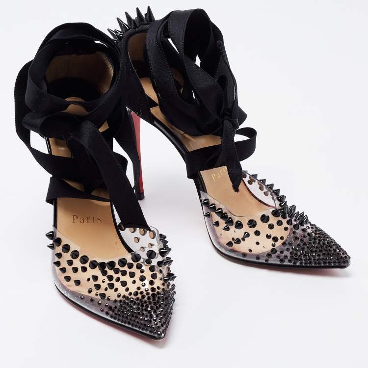 Pre Owned Christian Louboutin Black Glitter Suede and PVC Spike Accent Ankle Wrap Pumps Size 36.5