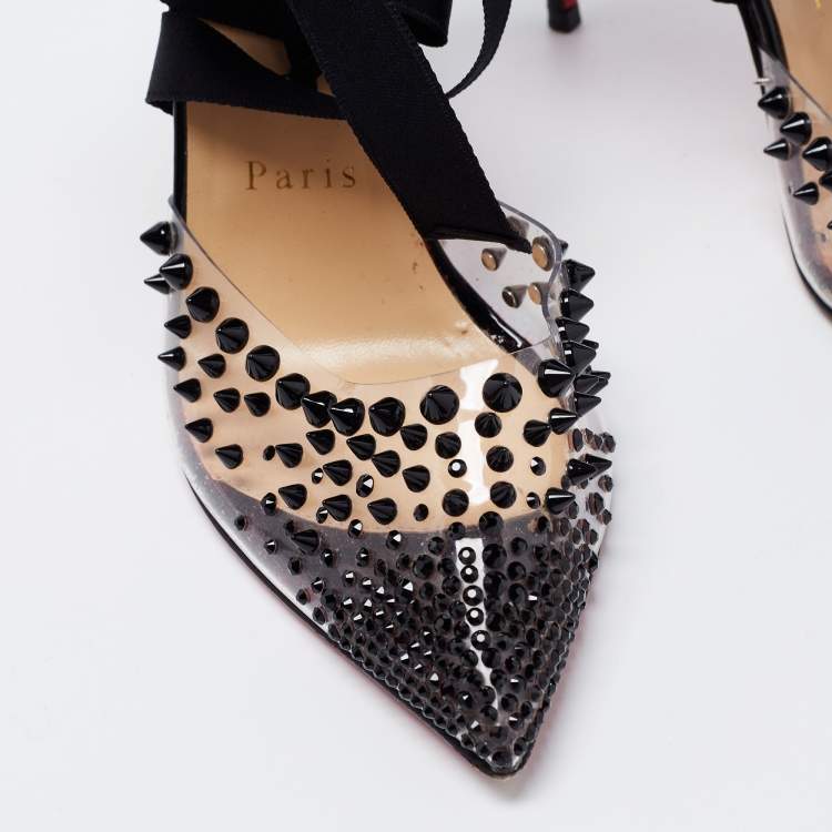 Pre Owned Christian Louboutin Black Glitter Suede and PVC Spike Accent Ankle Wrap Pumps Size 36.5