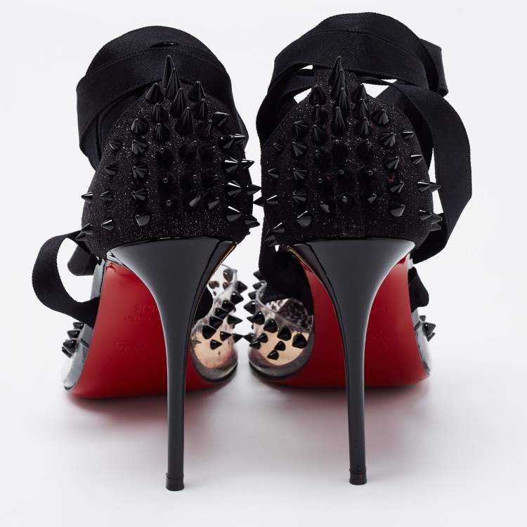 Pre Owned Christian Louboutin Black Glitter Suede and PVC Spike Accent Ankle Wrap Pumps Size 36.5