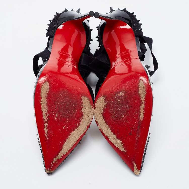 Pre Owned Christian Louboutin Black Glitter Suede and PVC Spike Accent Ankle Wrap Pumps Size 36.5
