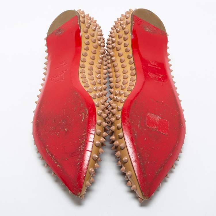 Pre Owned Christian Louboutin Beige Patent Leather Pigalle Spikes Ballet Flats Size 39.5