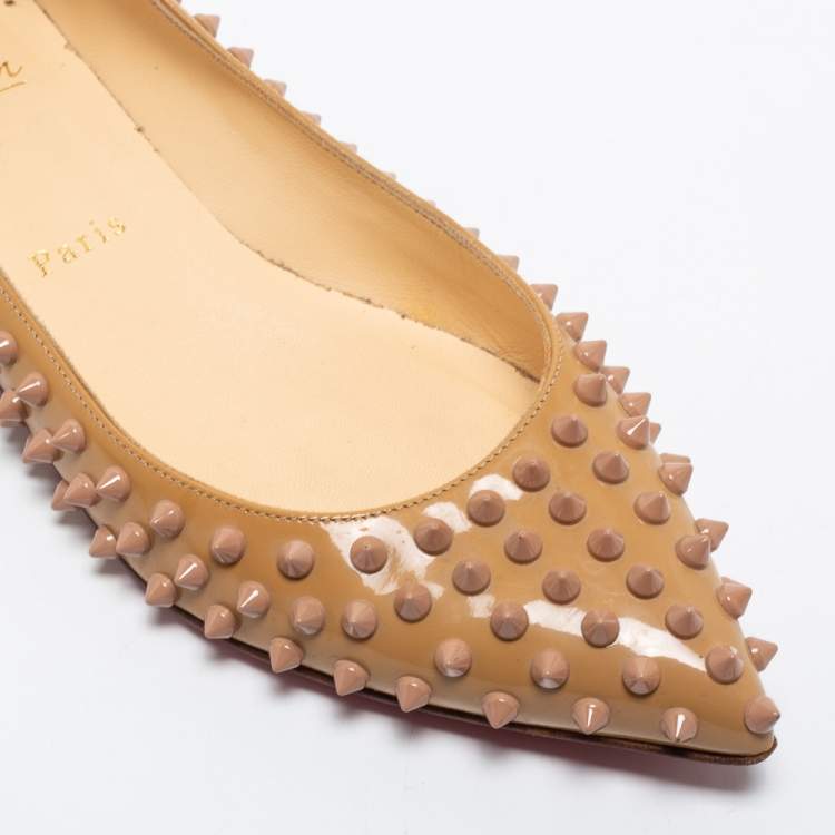 Pre Owned Christian Louboutin Beige Patent Leather Pigalle Spikes Ballet Flats Size 39.5
