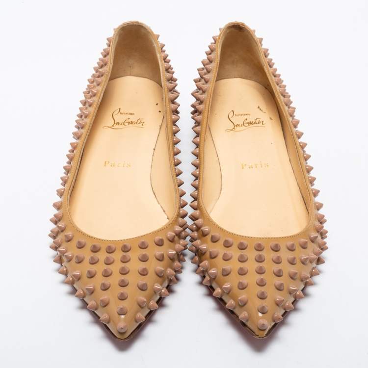 Pre Owned Christian Louboutin Beige Patent Leather Pigalle Spikes Ballet Flats Size 39.5