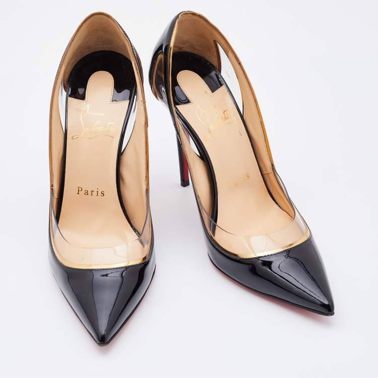 Pre Owned Christian Louboutin Black/Gold Patent Leather and PVC Cosmo Pointed Toe Pumps Size 36