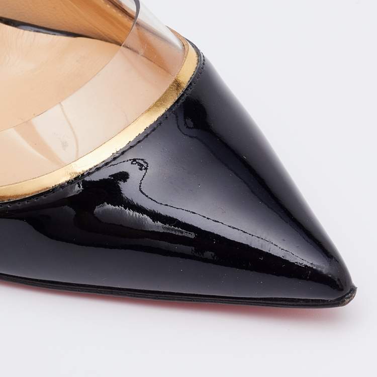 Pre Owned Christian Louboutin Black/Gold Patent Leather and PVC Cosmo Pointed Toe Pumps Size 36