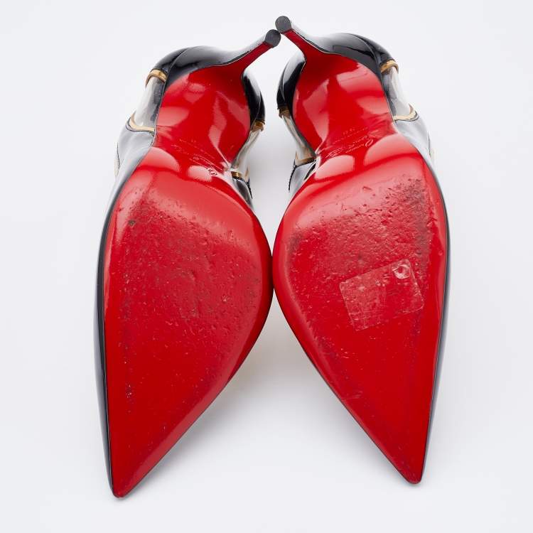 Pre Owned Christian Louboutin Black/Gold Patent Leather and PVC Cosmo Pointed Toe Pumps Size 36