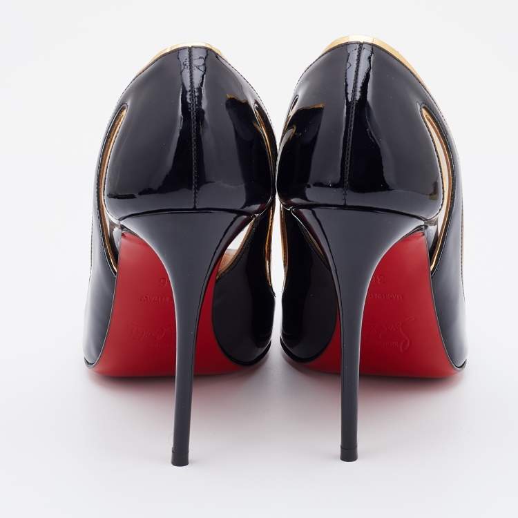 Pre Owned Christian Louboutin Black/Gold Patent Leather and PVC Cosmo Pointed Toe Pumps Size 36