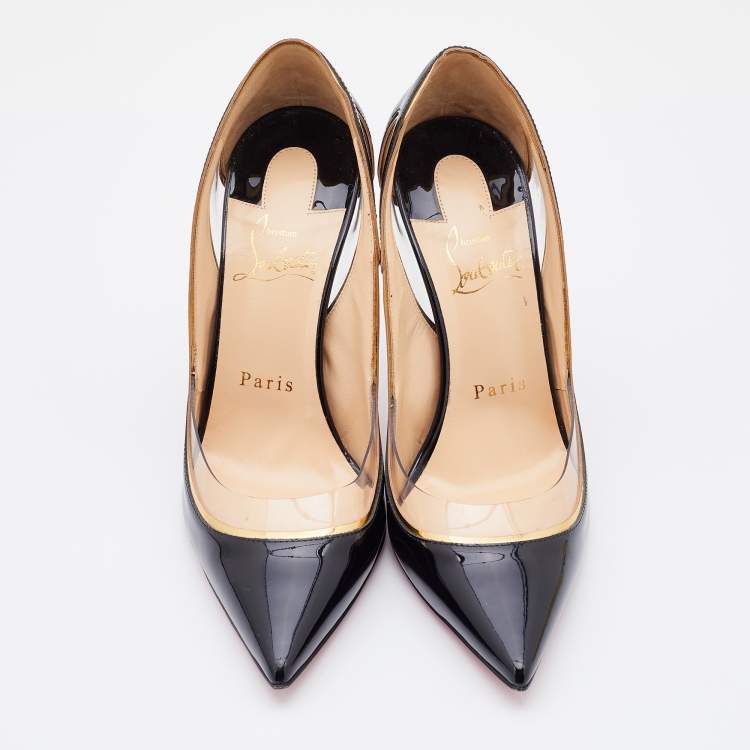 Pre Owned Christian Louboutin Black/Gold Patent Leather and PVC Cosmo Pointed Toe Pumps Size 36