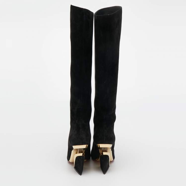 Pre Owned Christian Louboutin Black Suede Knee Length Boots Size 38