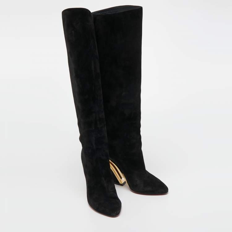 Pre Owned Christian Louboutin Black Suede Knee Length Boots Size 38