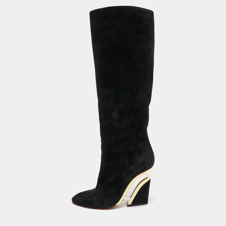 Pre Owned Christian Louboutin Black Suede Knee Length Boots Size 38