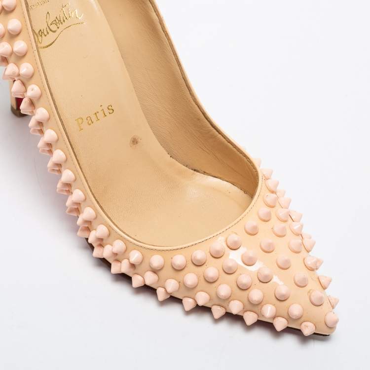 Pre Owned Christian Louboutin Light Peach Patent Leather Pigalle Spikes Pumps Size 36.5 